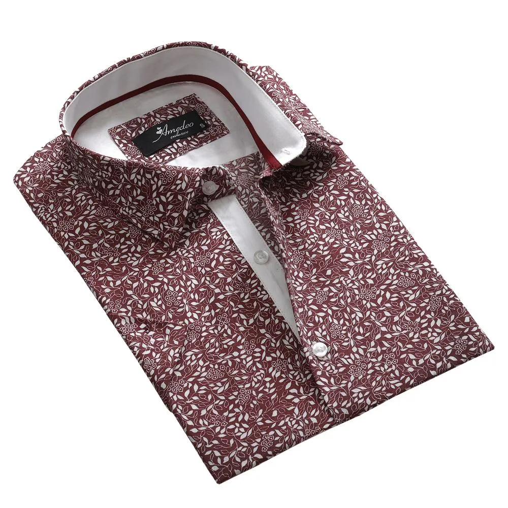 Burgandy Floral Mens Short Sleeve Button up Shirts - Tailored Slim Fit Cotton Dress Shirts